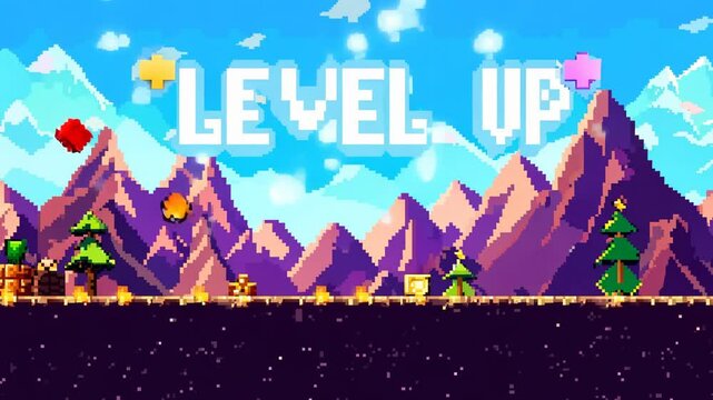 Pixel art landscape with mountains, trees, and coins featuring glowing level up text in retro 8-bit game style