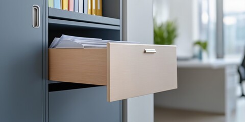 A drawer is open in a room with a desk and a potted plant. The drawer is filled with papers and a book