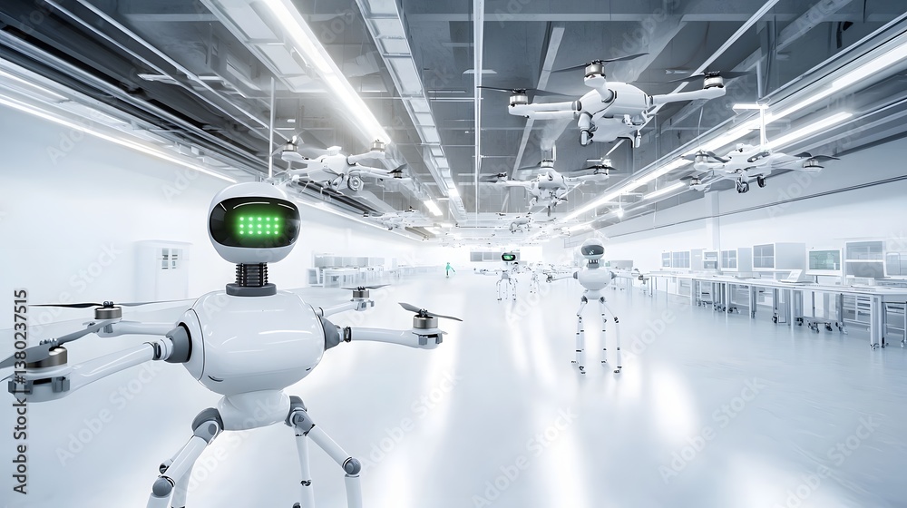 Poster Futuristic research and development facility for cutting edge robotics technology featuring AI powered drones and humanoid robots undergoing extensive testing and experimentation