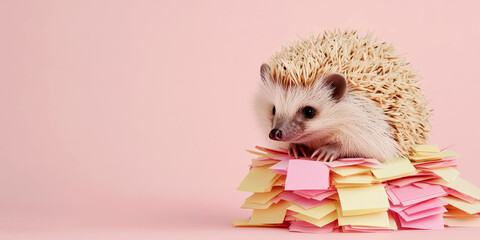 A cute hedgehog sits atop a colorful stack of sticky notes against a soft pink background, blending whimsy and creativity.