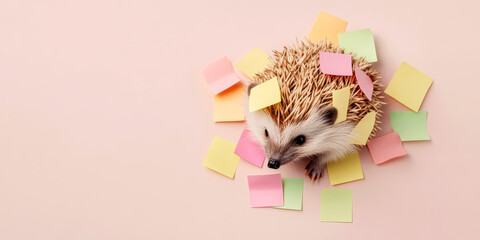 A cute hedgehog surrounded by colorful sticky notes on a soft pastel background.