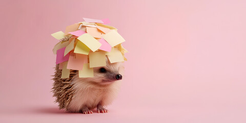 A cute hedgehog adorned with colorful sticky notes sits against a soft pink background, creating a whimsical and playful scene.