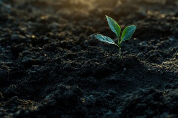Growing sapling thrives in sunlight over rich, dark soil Generative AI