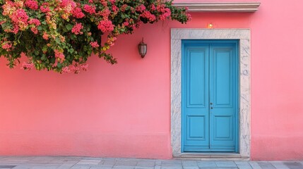 Fototapeta premium A delightful pastel pink building stands out with its light blue door. Bougainvillea flowers cascade down, adding a touch of beauty to this inviting architectural gem