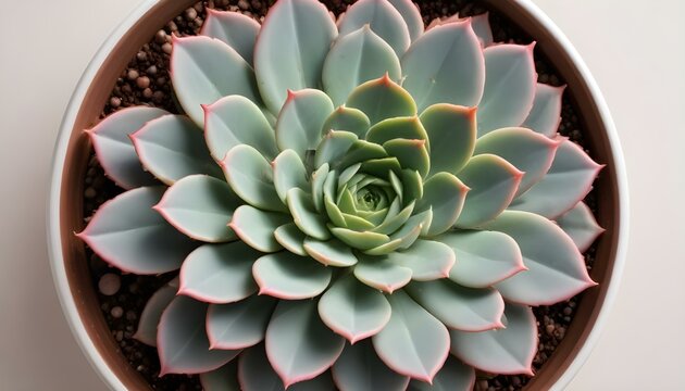 A top-down shot of a succulent plant in a pot, set against a plain white background. The succulent features thick, fleshy leaves arranged in a symmetrical rosette pattern