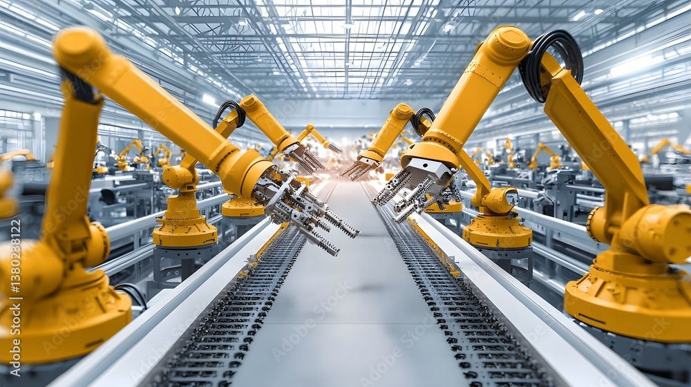 Poster highly efficient automated factory with a network of robotic arms meticulously assembling various me