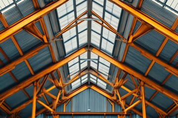 Obraz premium Metal roof frame with reflective panels showcasing architectural design Generative AI