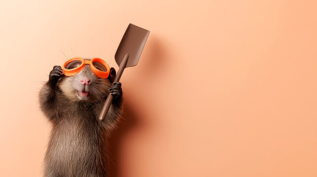 A playful animal wearing goggles and holding a shovel against a simple, warm-colored background.