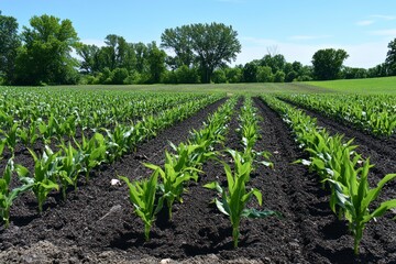 Rows of Young Corn Growing in a Field on a Sunny Day