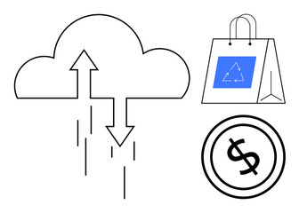 Cloud with arrows for uploaddownload, shopping bag with recycling icon, and dollar coin. Ideal for technology, cloud storage, sustainability, e-commerce, economics, digital transactions flat simple