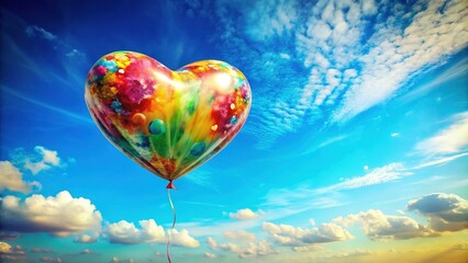 Fototapeta premium Vintage Heart Balloon, Colorful Summer Love, Valentine's Wedding Honeymoon, Blue Sky