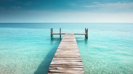 Fototapeta premium Idyllic island pier stretching out into a glassy turquoise ocean, peaceful summer morning scene