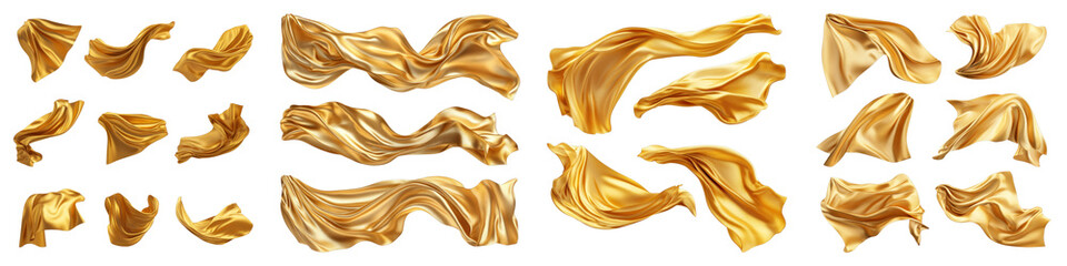 Flying golden silk fabric or curtain isolated on transparent background. PNG ,Set of