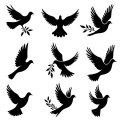 Vector collection of peaceful doves with olive branches, simple and classic design isolated on white background 