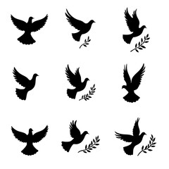 Vector collection of peaceful doves with olive branches, simple and classic design isolated on white background 