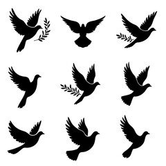 Vector collection of peaceful doves with olive branches, simple and classic design isolated on white background 