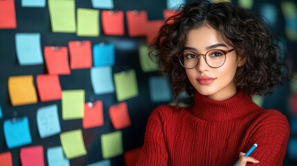 Woman with glasses and pen, a portrait of focused contemplation in modern workspace