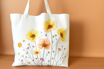 Tote bag featuring a floral design with vibrant yellow and pink flowers. Stylish and eco-friendly, perfect for shopping or daily use. Showcases a watercolor style.
