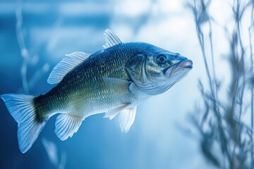 Fototapeta premium An isolated fish swimming elegantly through a tranquil blue water scene