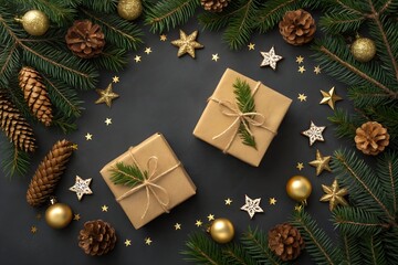 Christmas gifts pine cones and ornaments on black background holiday season festive decoration flat lay
