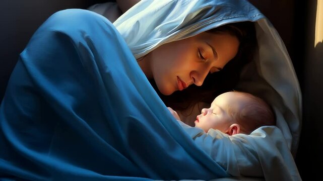 Christmas. The Virgin Mary with the newborn Jesus Christ in a manger in a cave. The nativity scene. Christian religious illustration, background, banner