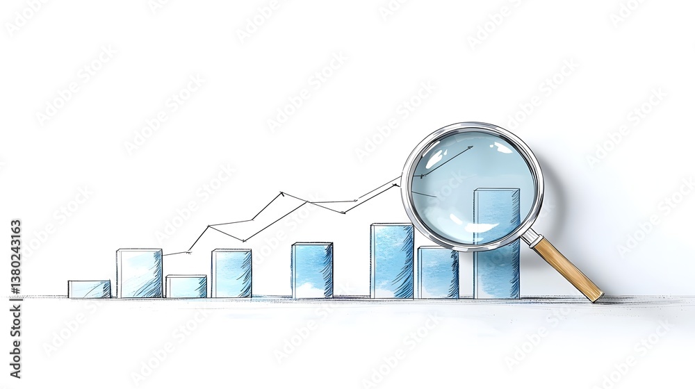 Poster Magnifying glass focused on a bar graph representing the analysis and evaluation of business data and performance trends