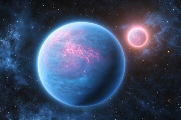 Obraz premium A celestial dance of icy blue and fiery pink planets amidst a swirling nebula, a cosmic ballet of light and color.