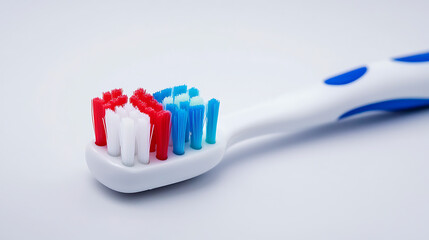 A toothbrush with red, white and blue bristles