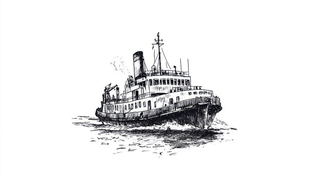 Vintage steamship sailing ocean, hand-drawn sketch
