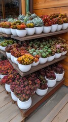 Fototapeta premium Colorful succulents arranged in white pots captivate visitors looking for inspiration for their garden or indoor space