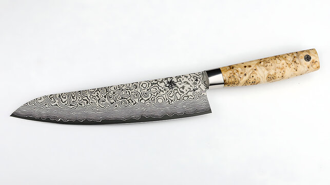 A knife with a wooden handle and a black blade