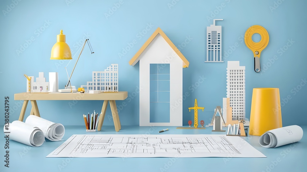 Poster Minimalist workspace showcasing the tools and elements of an architect s design process including blueprints drafting supplies and small scale building models