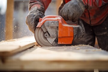 Power saw cuts wooden planks with precision at a construction site Generative AI