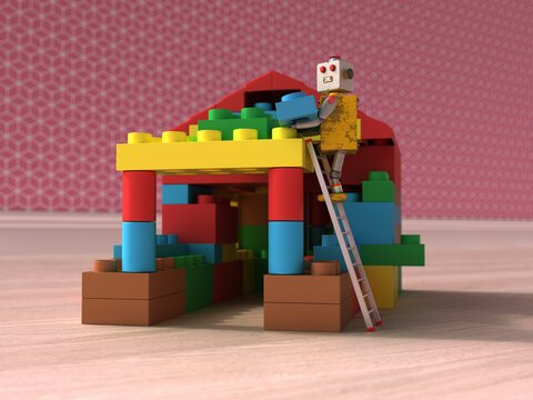 3D rendering of a toy robot building a colorful plastic brick house indoors