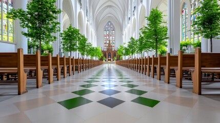 Fototapeta premium Modern Church Interior with Wooden Pews and Potted Trees