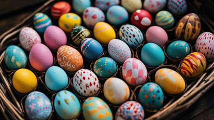 Obraz premium A vibrant collection of hand-painted Easter eggs rests in a basket, showcasing intricate designs and lively colors representing the joy of the Easter celebration.