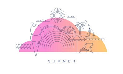 Minimalist summer concept design with color gradient. Linear simple, modern style. Summer background with palms, beach, sea and sun illustration