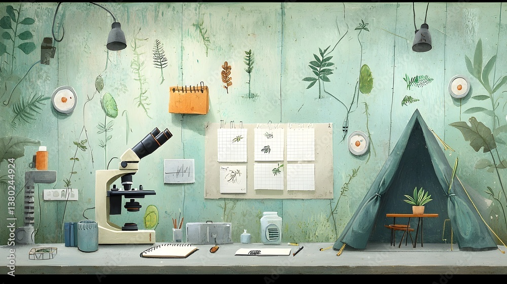 Aufkleber of a jungle research tent equipped with a microscope plant samples notebooks and other scientific to