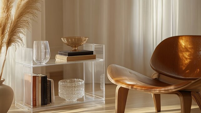 Clear acrylic bookcase display with minimalist shelving, showcasing modern organization and clean aesthetics