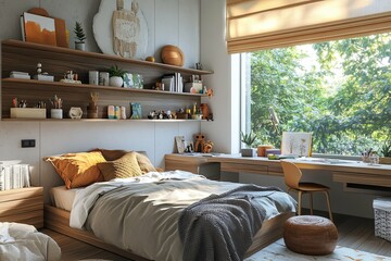A well decorated bedroom interior featuring various wooden furnishings