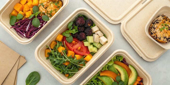 Eco-Friendly Consumer Practices Concept. Takeout containers made from compostable materials arranged in a flat lay style.