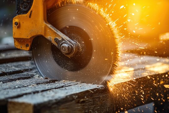 Power saw cutting wooden planks in a workshop at sunset Generative AI