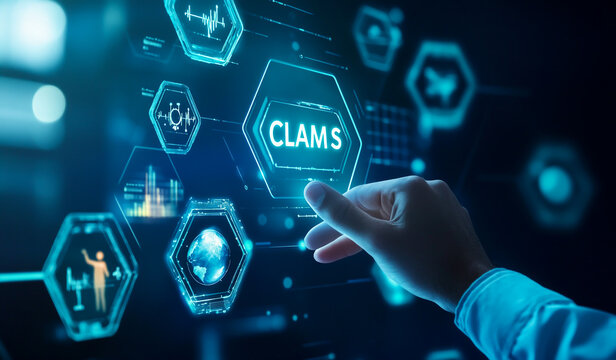 Businessman touching a virtual hexagon with the text CLAMS and icons of people, a hospital, and a globe on an abstract technology background