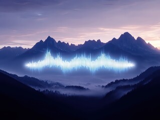 A digital art piece of an equalizer graph in white and blue, set against a mountain range at dawn, with the sky transitioning from dark to light