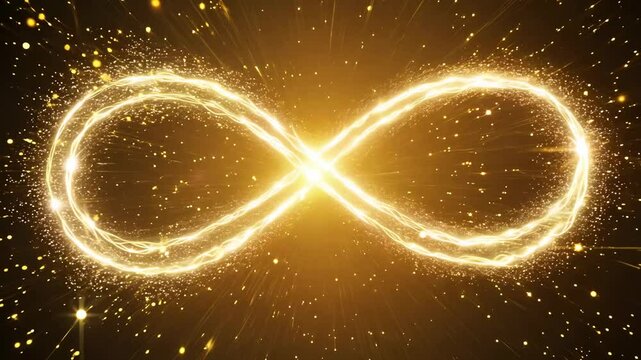 Shining golden infinity symbol with sparkling light trails and glowing particles on dark background