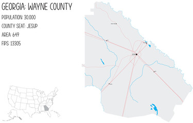 Large and detailed map of Wayne County in Georgia, USA.