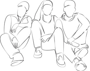 One continuous line art drawing flat illustration sitting, lifestyle, friendship, teenage, togetherness, bonding, friends. Isolated image hand draw outline on white background