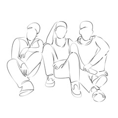 One continuous line art drawing flat illustration sitting, lifestyle, friendship, teenage, togetherness, bonding, friends. Isolated image hand draw outline on white background