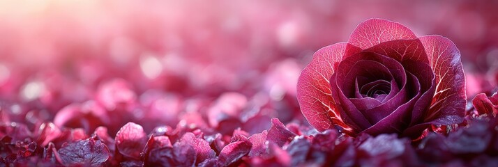 Single Deep Purple Rose Blossom on a Bed of Petals