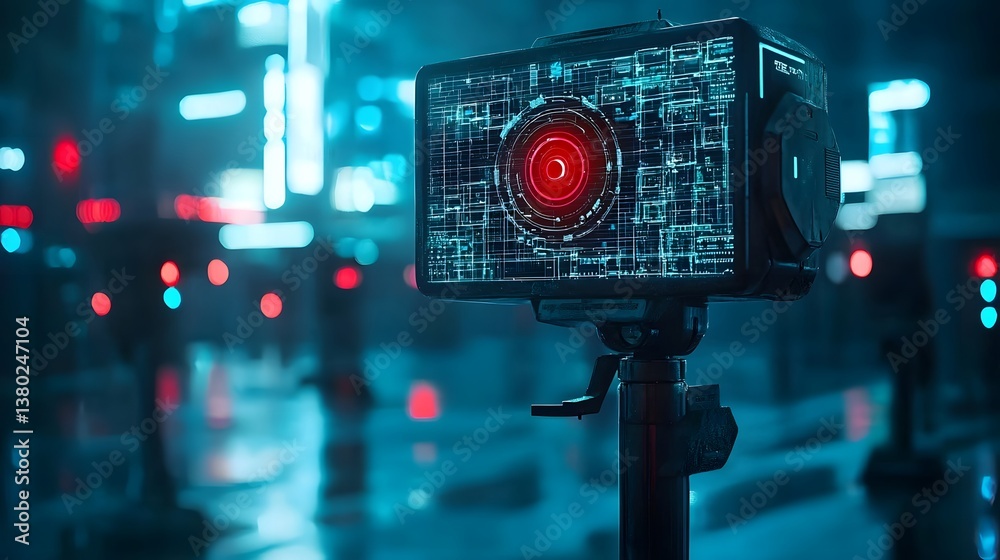 Fototapete Sleek high tech surveillance mounted on a pole surrounded by a digital interface displaying data and grid like patterns in a dimly lit urban nightscape